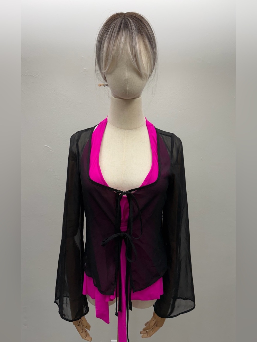 Monaco Black Sheer Tie Front Mesh Cover Up Beach Cardigan Women’s S